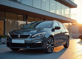 Retour sur le lancement de la nouvelle Peugeot 308 Peugeot 308 neuve devant un bâtiment moderne en journée