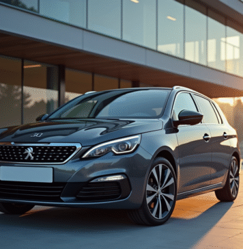 Peugeot 308 neuve devant un bâtiment moderne en journée