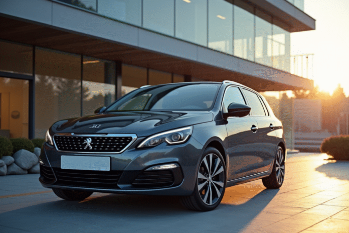 Peugeot 308 neuve devant un bâtiment moderne en journée
