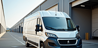 Véhicule Peugeot Boxer blanc sur quai industriel en journée