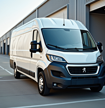 Véhicule Peugeot Boxer blanc sur quai industriel en journée