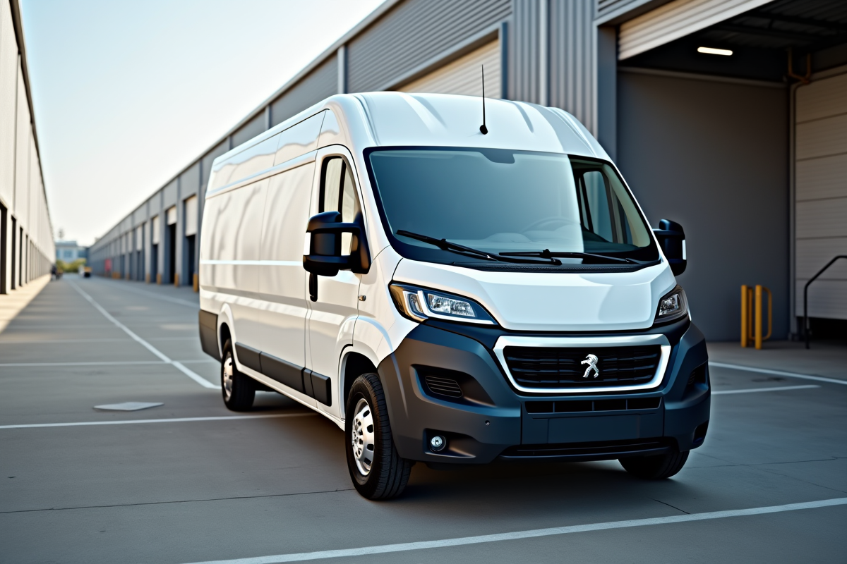 Véhicule Peugeot Boxer blanc sur quai industriel en journée