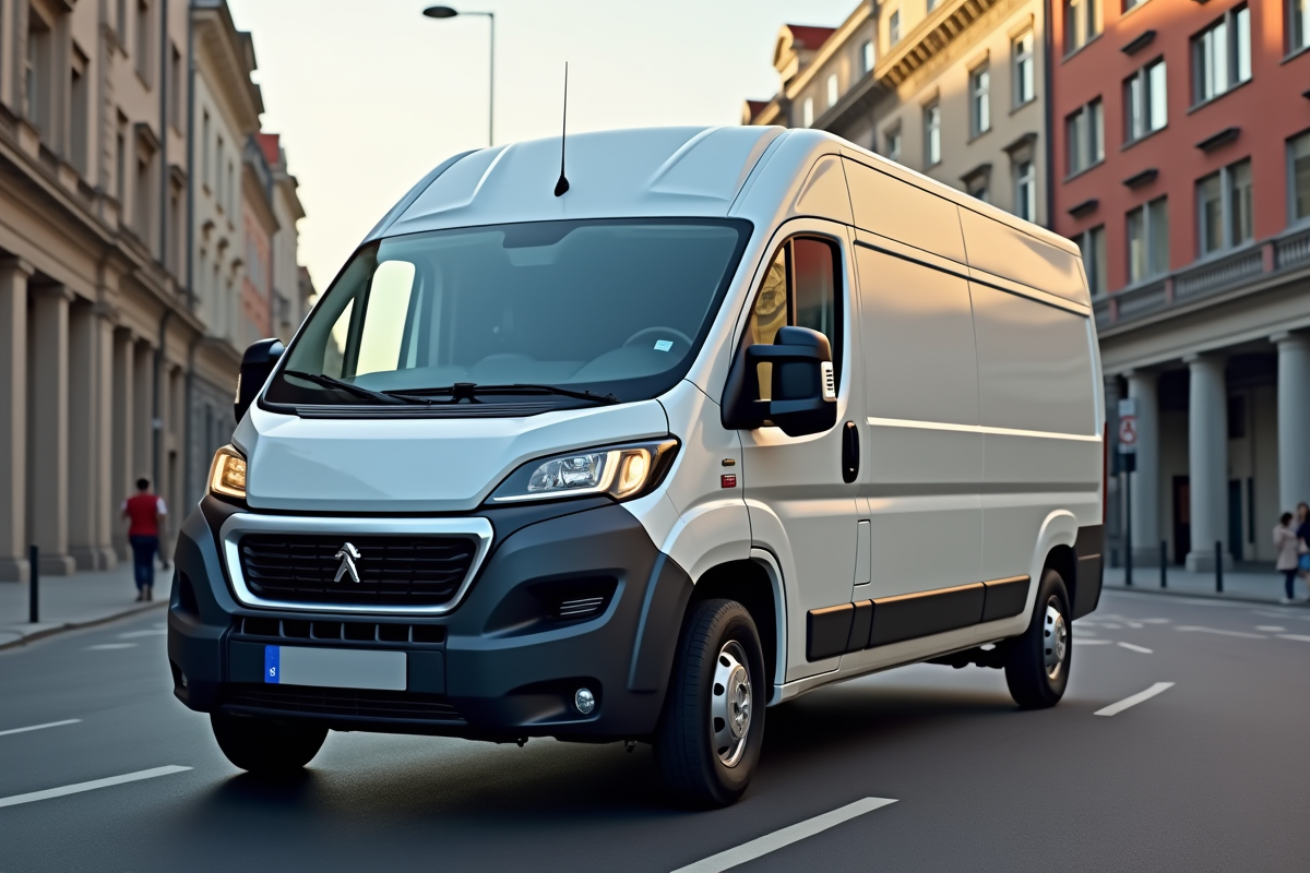 Profil de la Peugeot Boxer sur une rue urbaine au matin