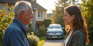 Homme souriant remettant des clés de voiture à une femme devant une maison moderne