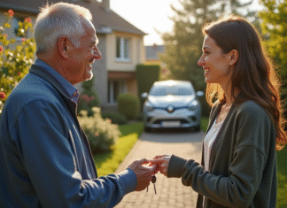 Homme souriant remettant des clés de voiture à une femme devant une maison moderne