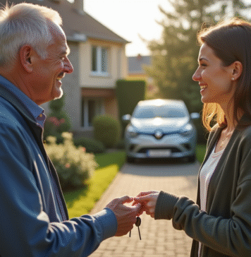 Homme souriant remettant des clés de voiture à une femme devant une maison moderne