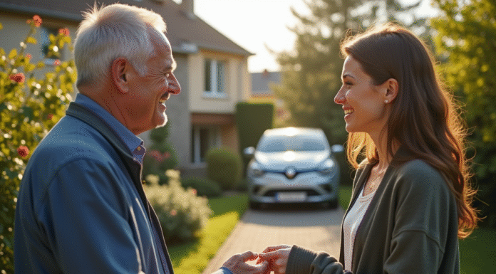 Homme souriant remettant des clés de voiture à une femme devant une maison moderne