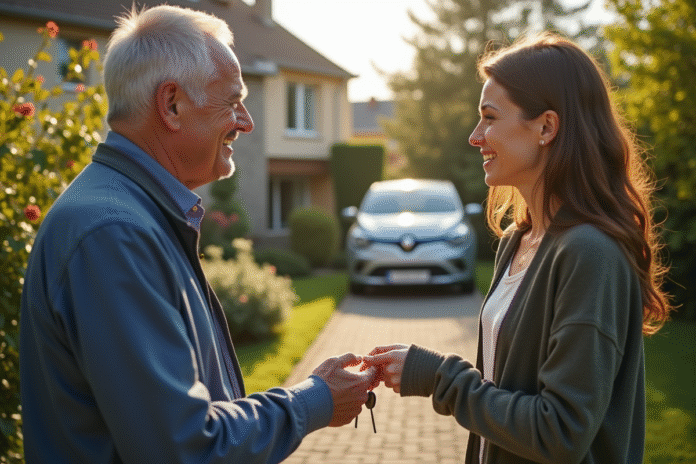 Homme souriant remettant des clés de voiture à une femme devant une maison moderne
