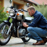 Entretien et maintenance des motos 125 cm³ Homme moyenâgeux vérifiant la chaîne d'une moto 125cc