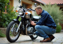 Entretien et maintenance des motos 125 cm³ Homme moyenâgeux vérifiant la chaîne d'une moto 125cc