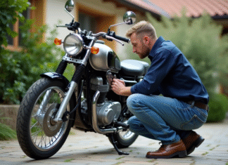 Entretien et maintenance des motos 125 cm³ Homme moyenâgeux vérifiant la chaîne d'une moto 125cc