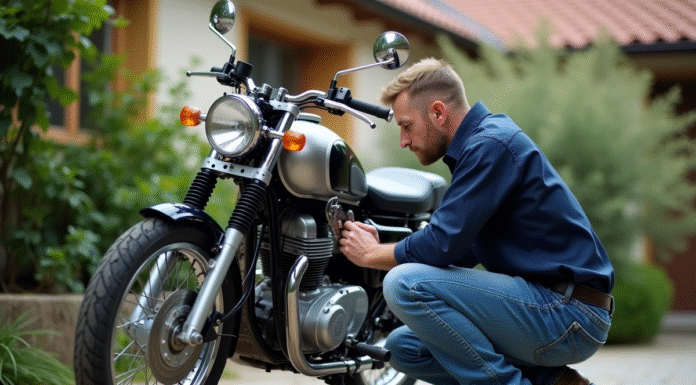 Entretien et maintenance des motos 125 cm³ Homme moyenâgeux vérifiant la chaîne d'une moto 125cc