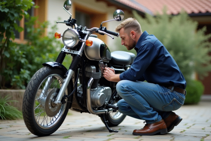 reparation-moto-chaine Homme moyenâgeux vérifiant la chaîne d'une moto 125cc