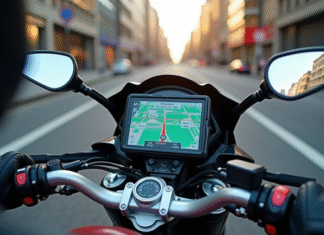 GPS moto : avantages, utilité et fonctionnalités en 2025 Tableau de bord moto avec GPS numérique en ville