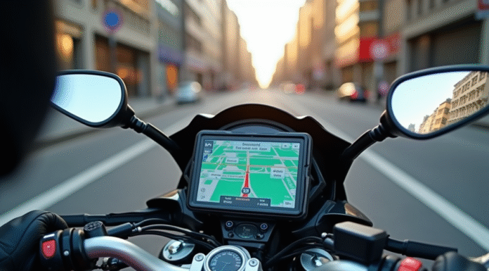 GPS moto : avantages, utilité et fonctionnalités en 2025 Tableau de bord moto avec GPS numérique en ville