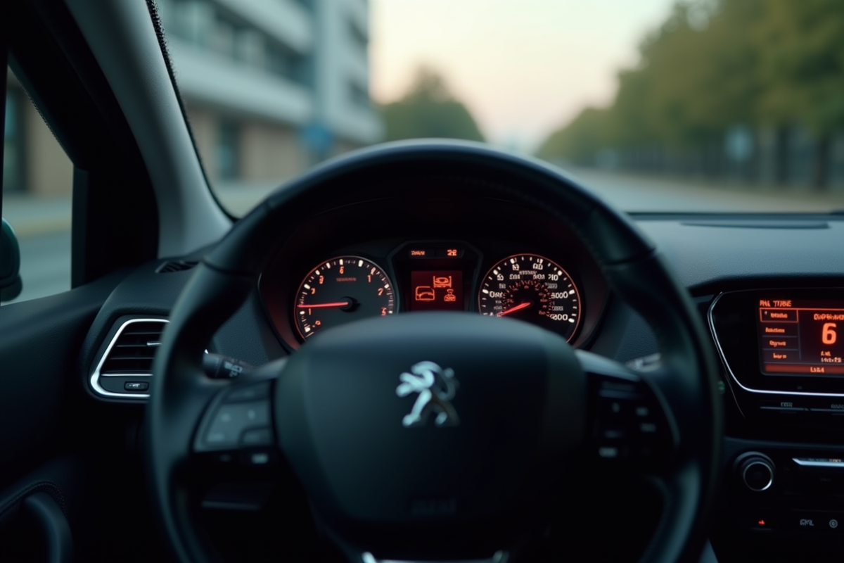 Vue rapprochée du tableau de bord avec voyant moteur allumé dans une Peugeot
