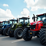 Comparatif des prix des tracteurs par marque Ligne de tracteurs neufs de différentes marques sur un parking