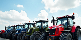 Ligne de tracteurs neufs de différentes marques sur un parking