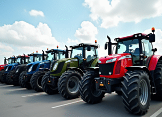 Ligne de tracteurs neufs de différentes marques sur un parking