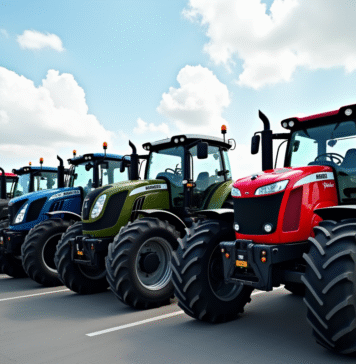 Comparatif des prix des tracteurs par marque Ligne de tracteurs neufs de différentes marques sur un parking