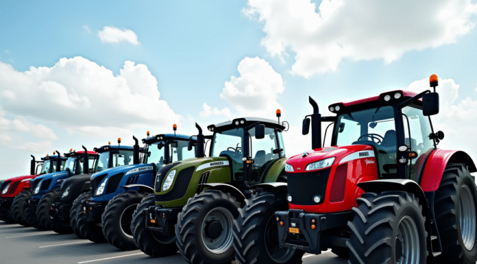 Ligne de tracteurs neufs de différentes marques sur un parking