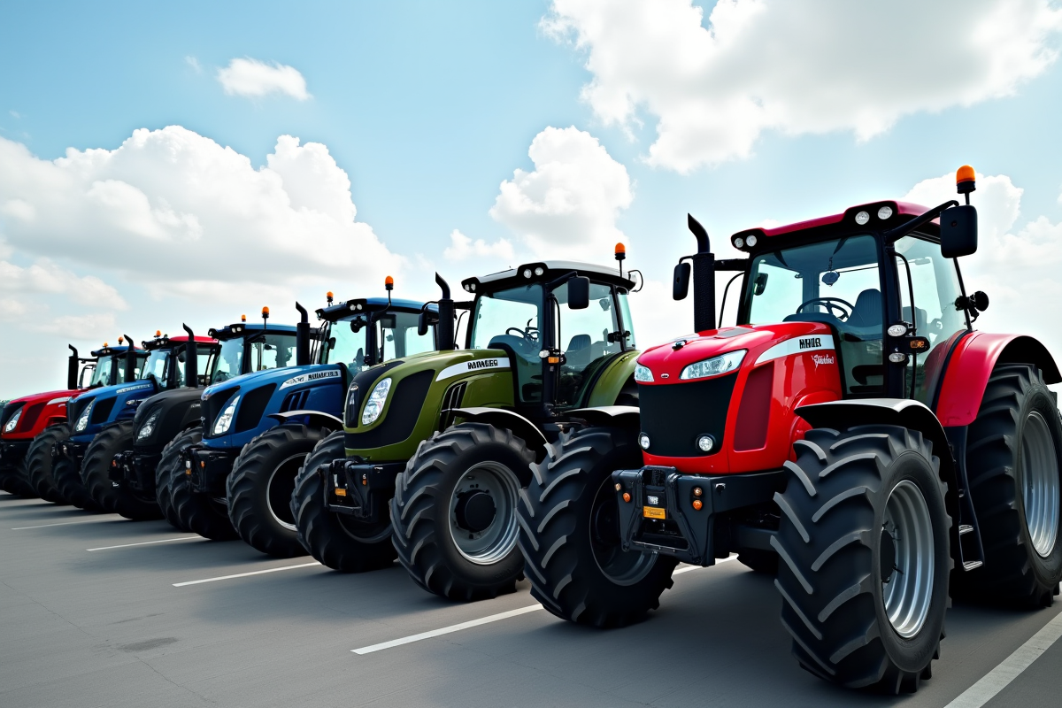 Ligne de tracteurs neufs de différentes marques sur un parking