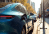 Voiture électrique moderne en charge dans une station urbaine ensoleillée