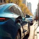 Voiture électrique moderne en charge dans une station urbaine ensoleillée