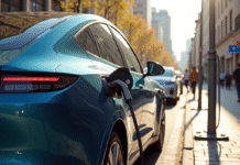 Voiture électrique moderne en charge dans une station urbaine ensoleillée