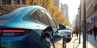 Voiture électrique moderne en charge dans une station urbaine ensoleillée
