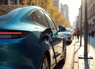 Voiture électrique moderne en charge dans une station urbaine ensoleillée