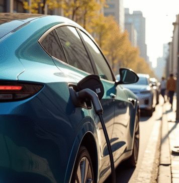 Voiture électrique moderne en charge dans une station urbaine ensoleillée