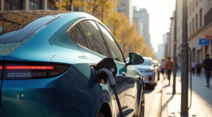 Voiture électrique moderne en charge dans une station urbaine ensoleillée