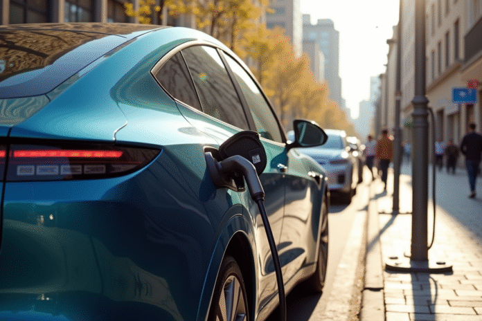 voiture-electrique-chargeur-urbain Voiture électrique moderne en charge dans une station urbaine ensoleillée