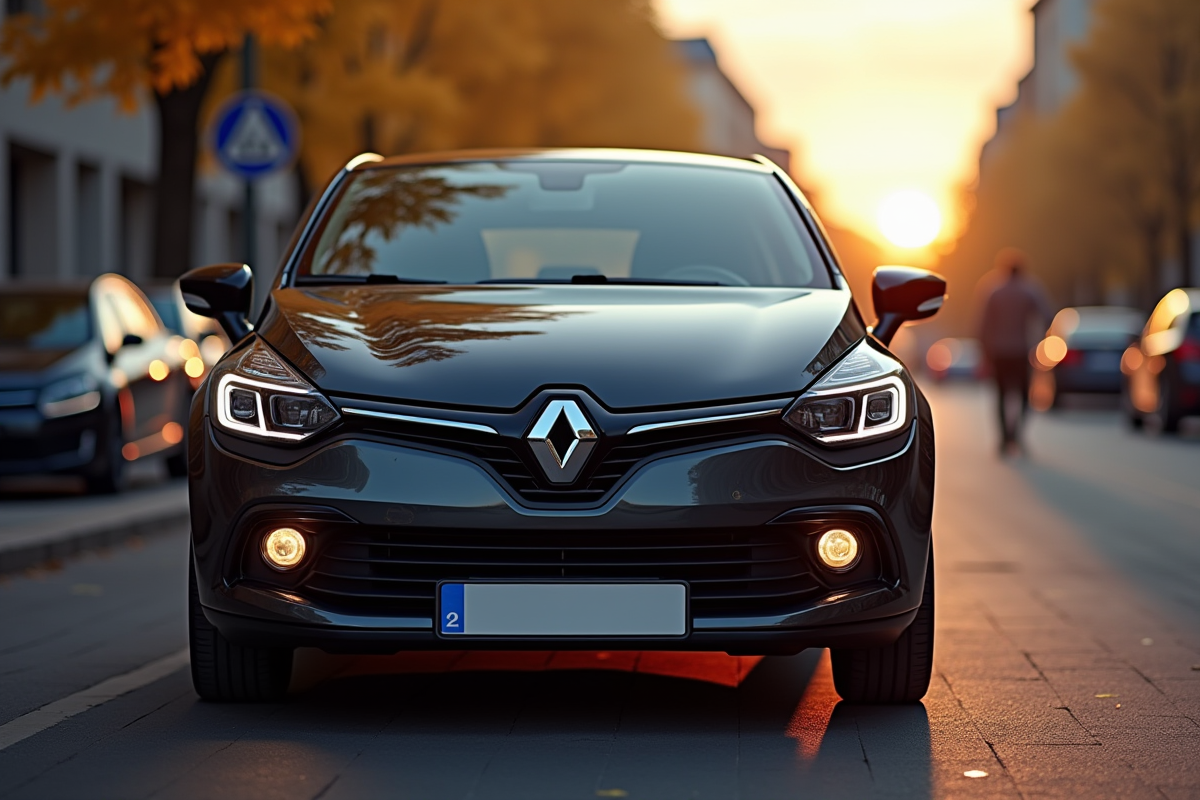 Renault Clio 4 garée en ville avec tableau de bord éclairé