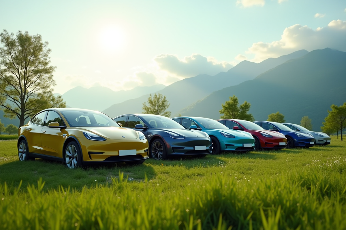 Plusieurs voitures électriques garées dans la campagne au matin