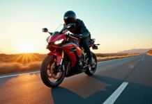Moto Yamaha R1 en mouvement sur une route en or