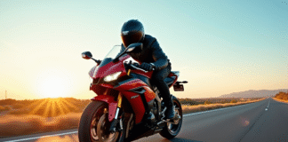 Moto Yamaha R1 en mouvement sur une route en or