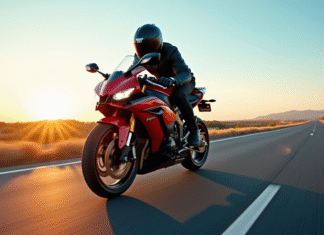 Moto Yamaha R1 en mouvement sur une route en or