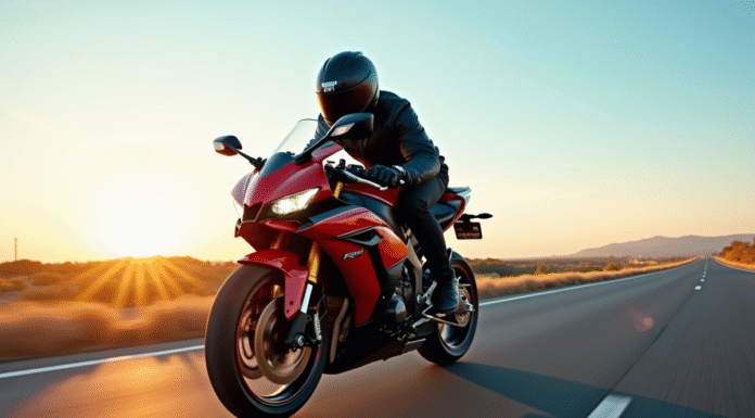 Moto Yamaha R1 en mouvement sur une route en or