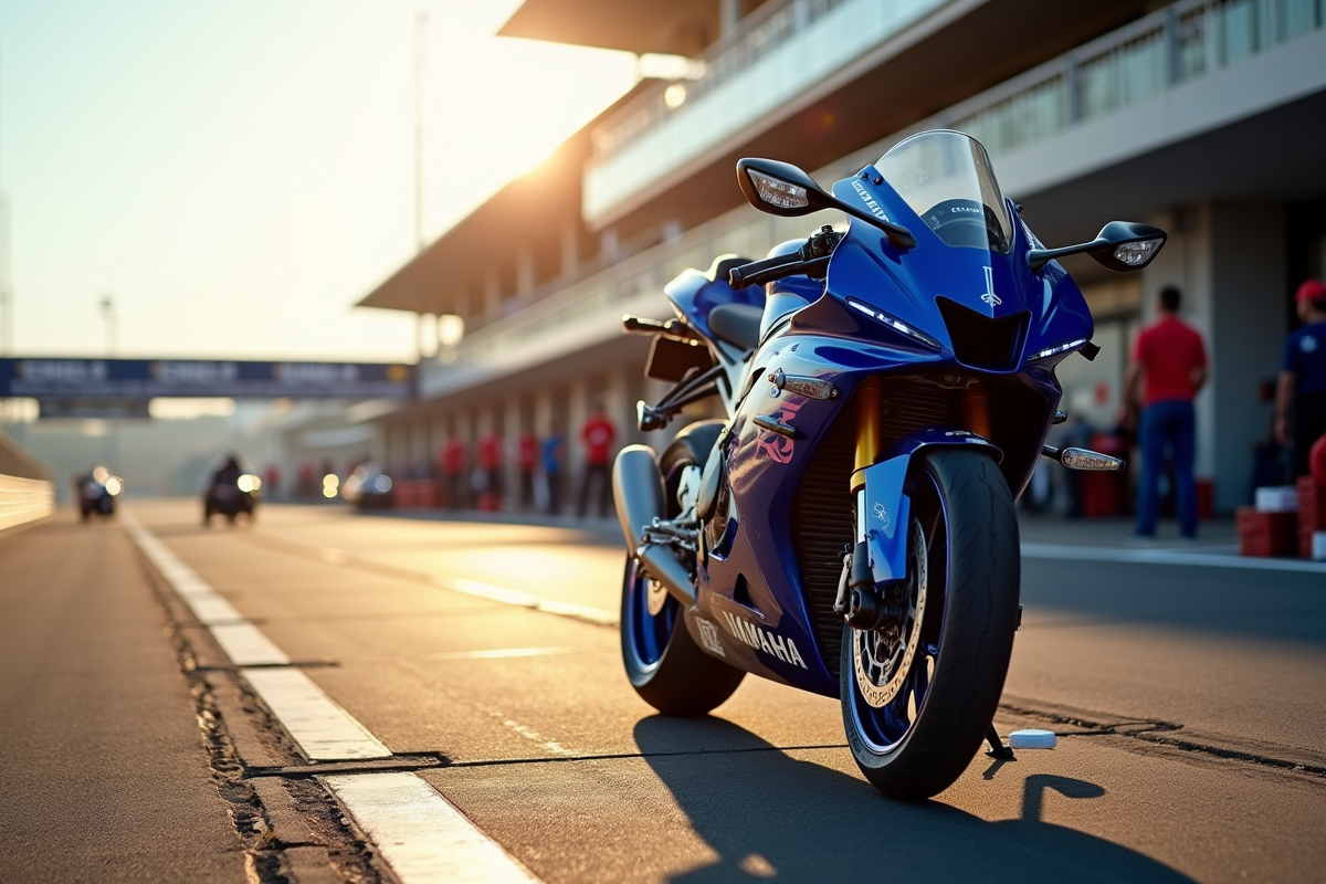 Yamaha R1 garée dans la voie des stands d